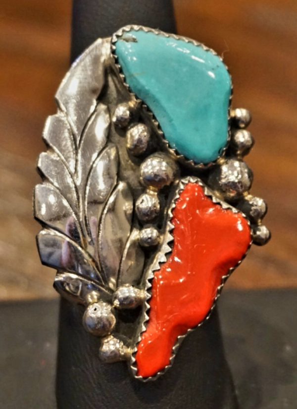 Sterling Silver Turquoise and Coral Feather Ring - Size 8.5