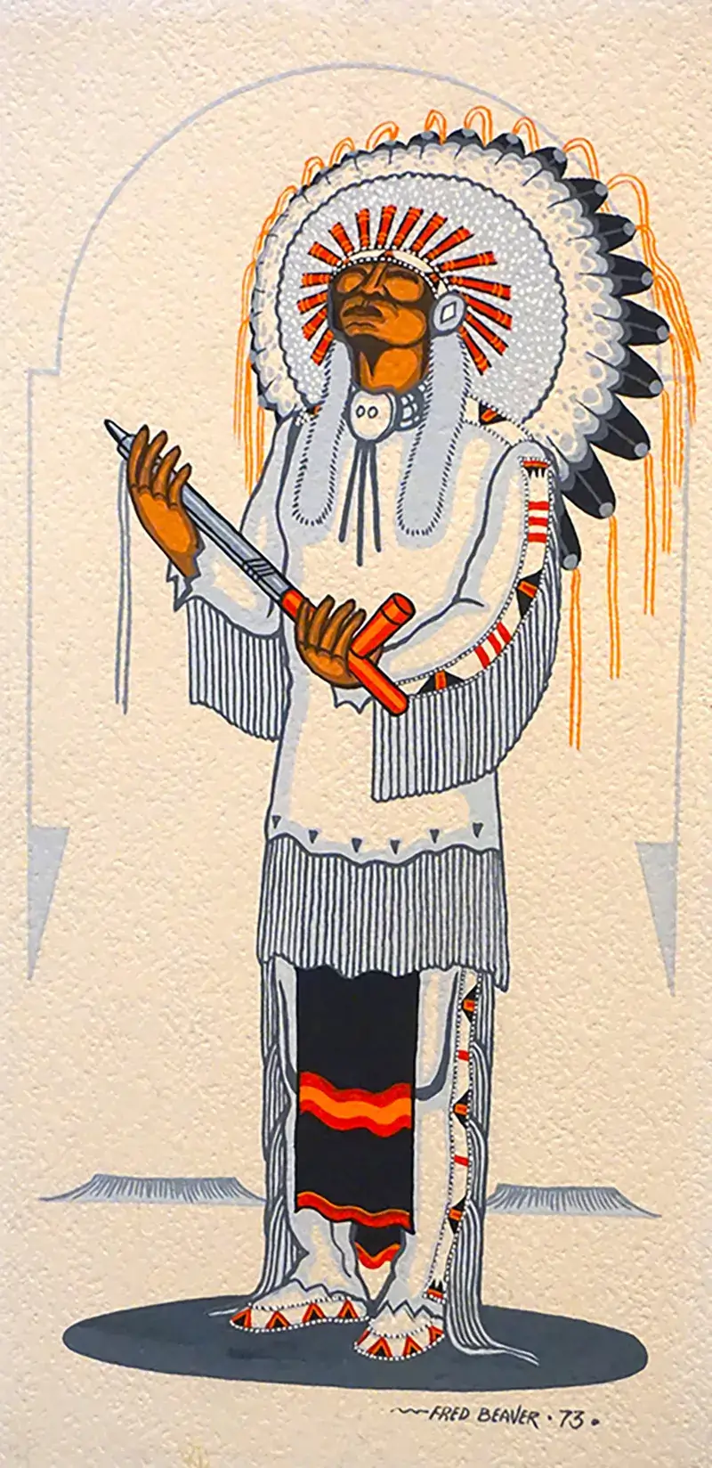 Peace Pipe Ceremony<br />
Fred Beaver (Muscogee), 1973<br />
Gouache on watercolor board