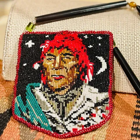 Marcus Frejo (Oklahoma Seminole) – beaded portrait of Emathla (King Philip) made of leather, cotton, and size 13 and 15 cut seed beads   2024